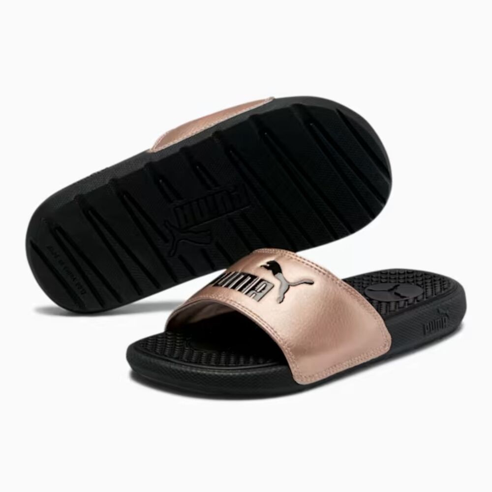 NEW PUMA Kids Cool Cat Black Rose Gold Metallic Open Toe Slide Sandals